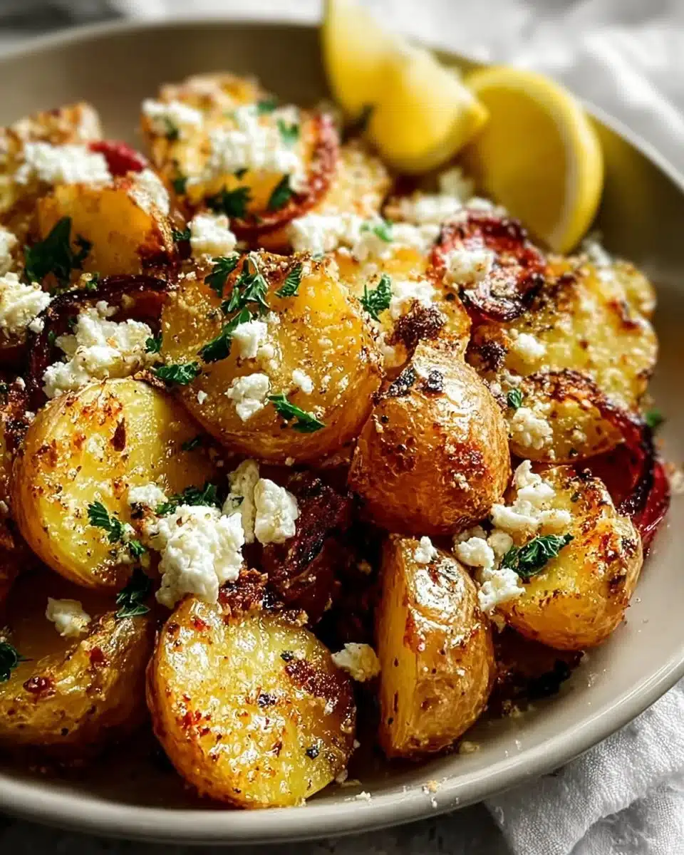Delicious Greek Feta Roast Potatoes served in a dish
