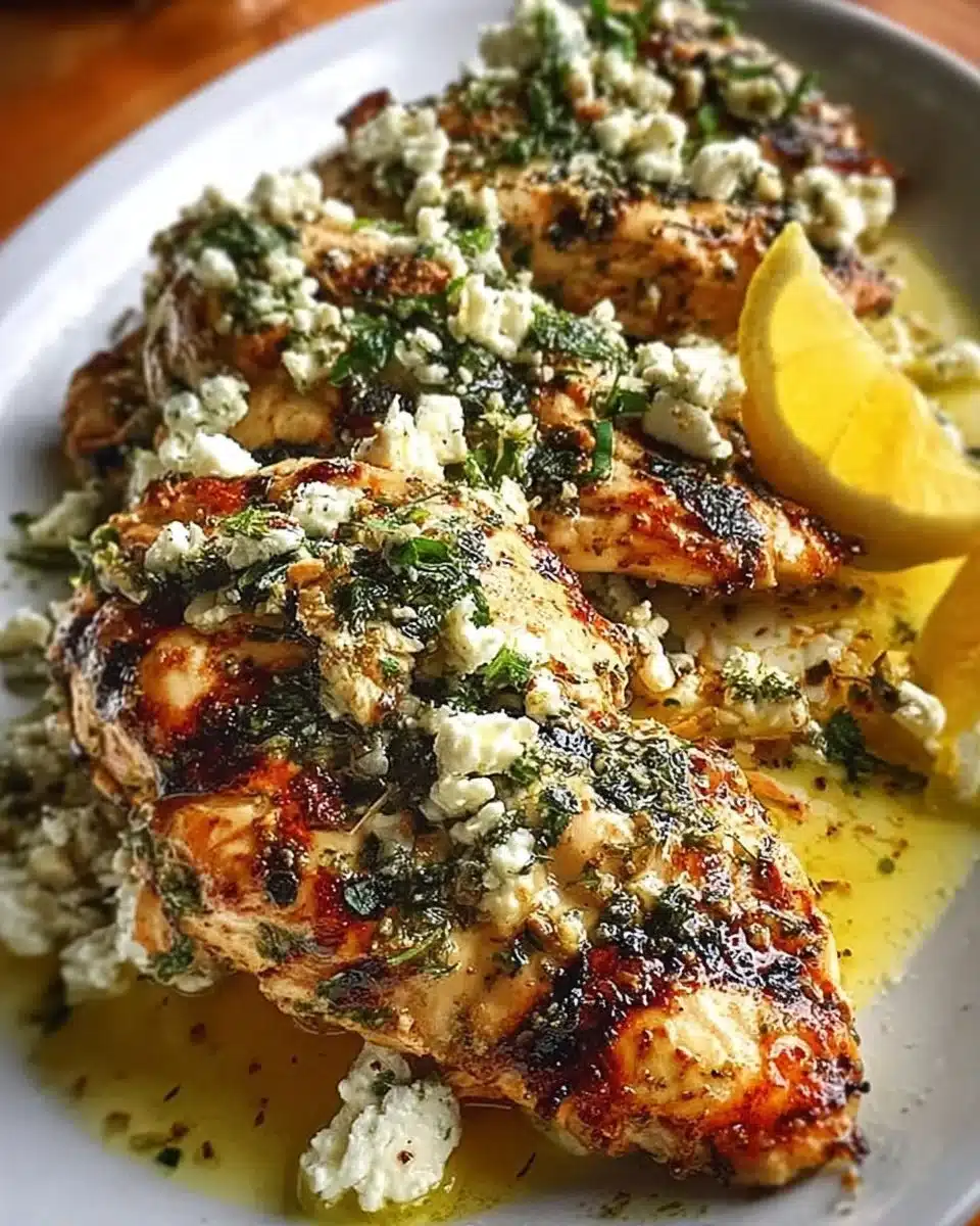 Savory Greek Lemon Feta Chicken dish garnished with fresh herbs and lemon slices.