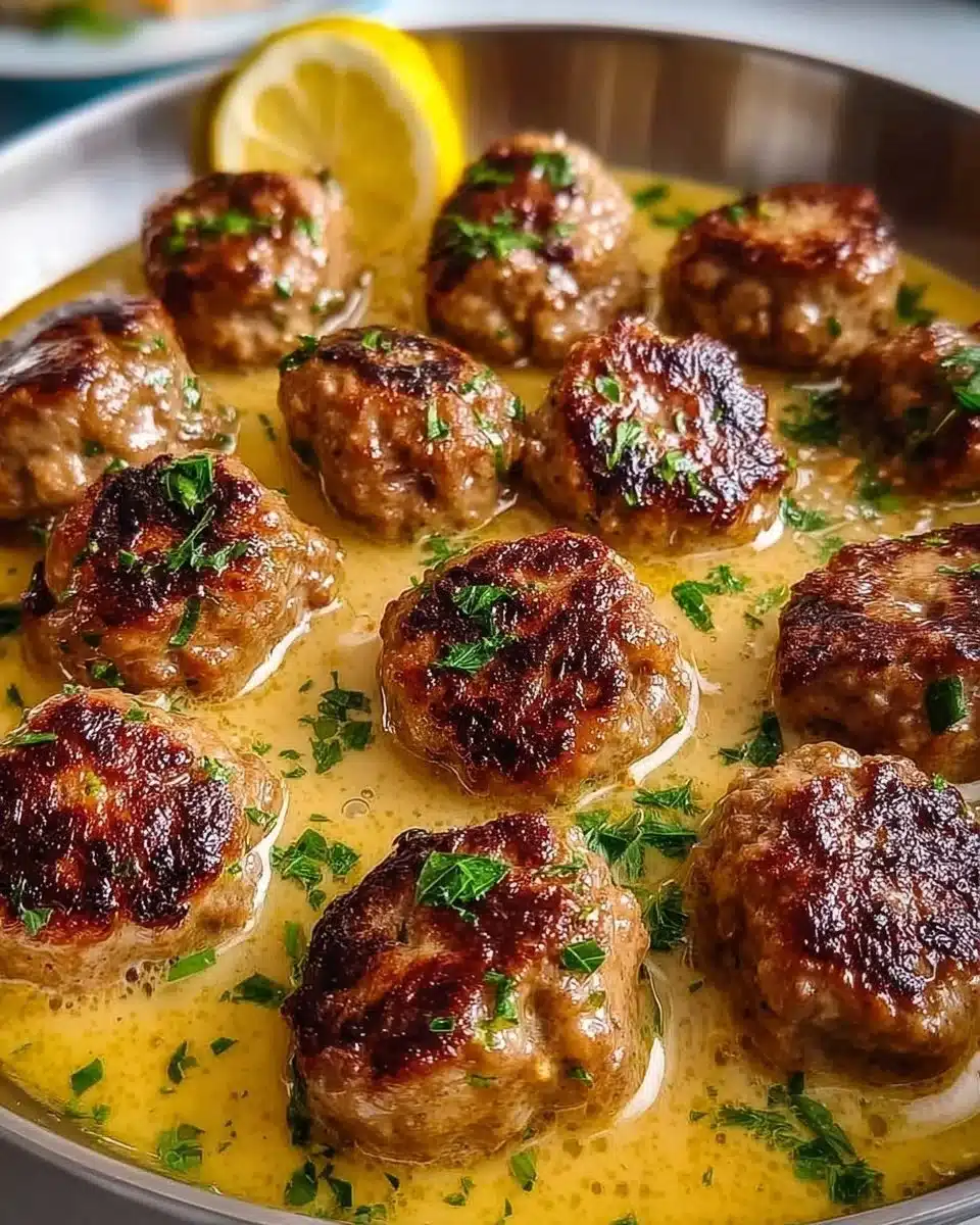 Plate of Greek meatballs in zesty lemon sauce garnished with herbs