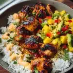 Grilled maple sriracha chicken bites ready to serve with dipping sauce.