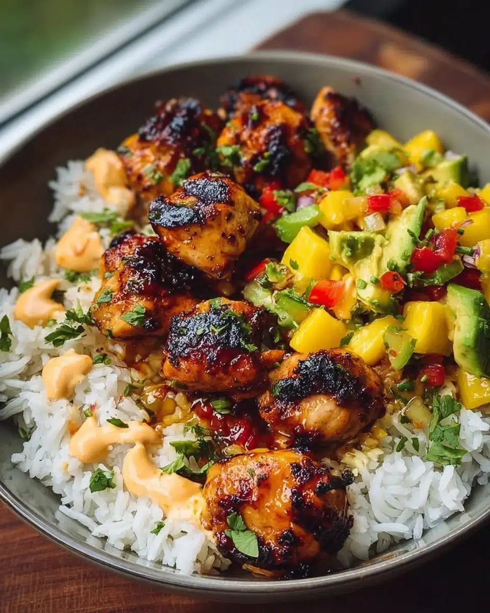 Grilled maple sriracha chicken bites ready to serve with dipping sauce.