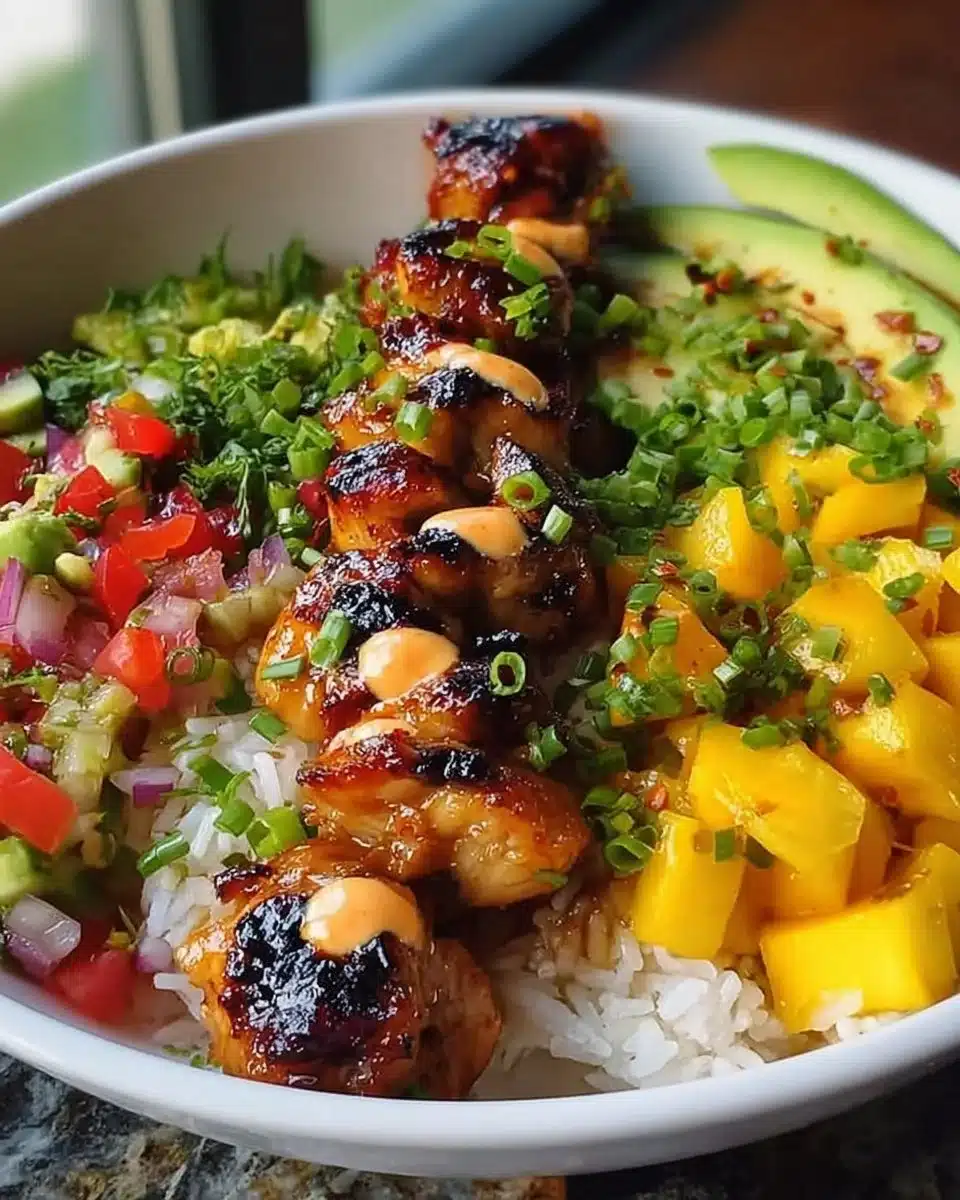 Grilled Maple Sriracha Chicken Bites with Coconut Rice & Mango Avocado Salsa Bowl with Chili Mayo