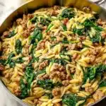 Ground turkey spinach orzo dish garnished with herbs and served in a bowl