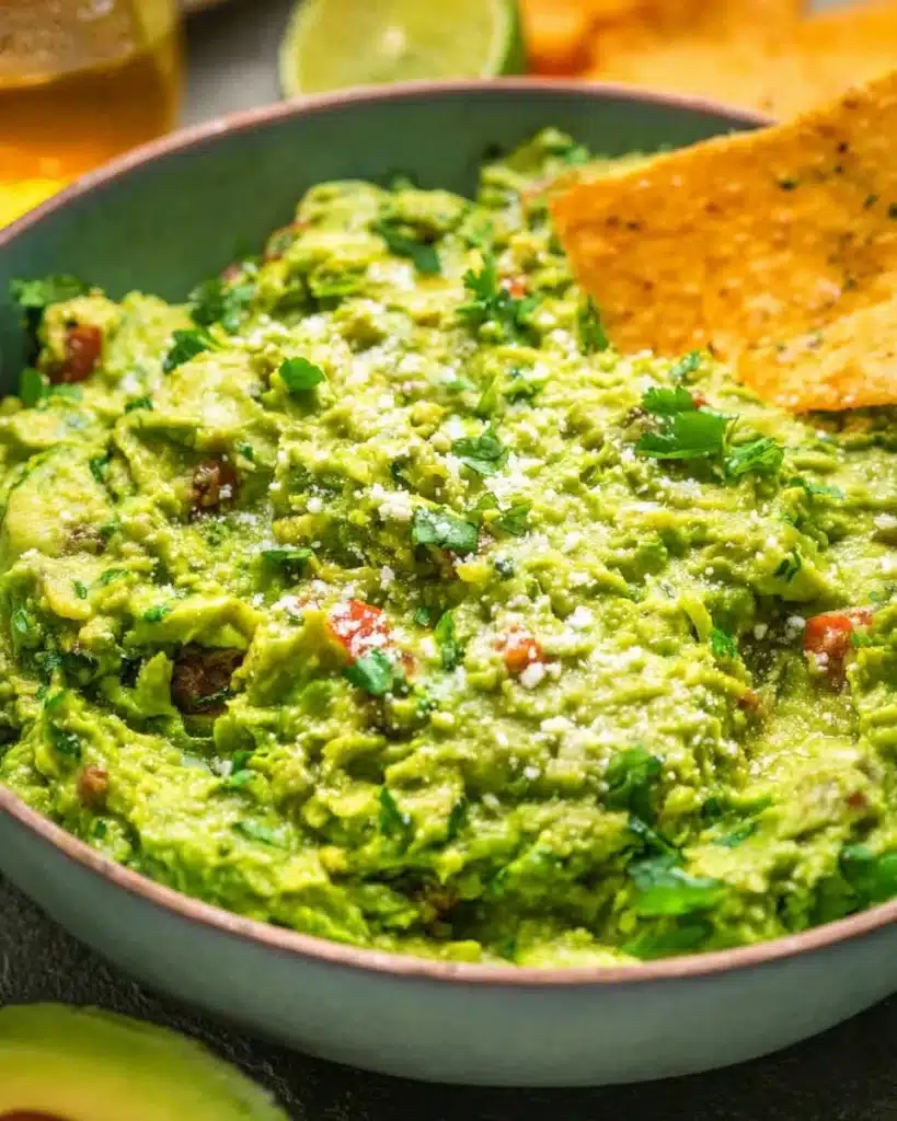 Delicious homemade guacamole served with tortilla chips and fresh ingredients.