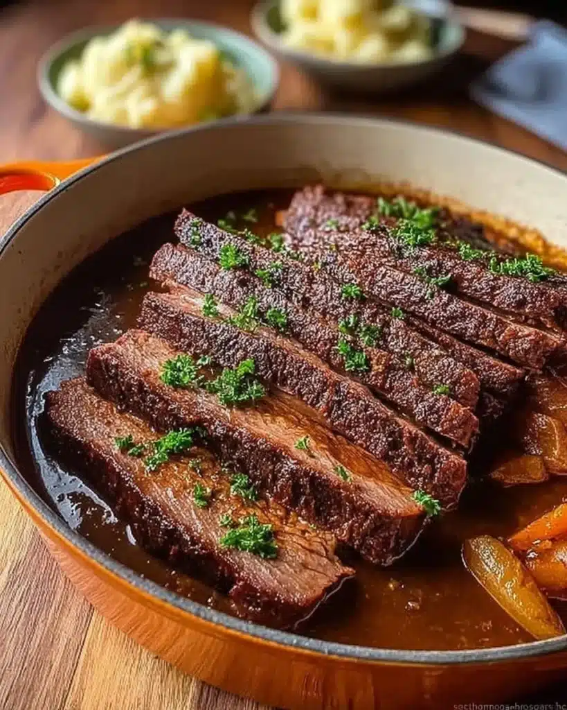 Delicious Guinness corned beef brisket served with traditional sides