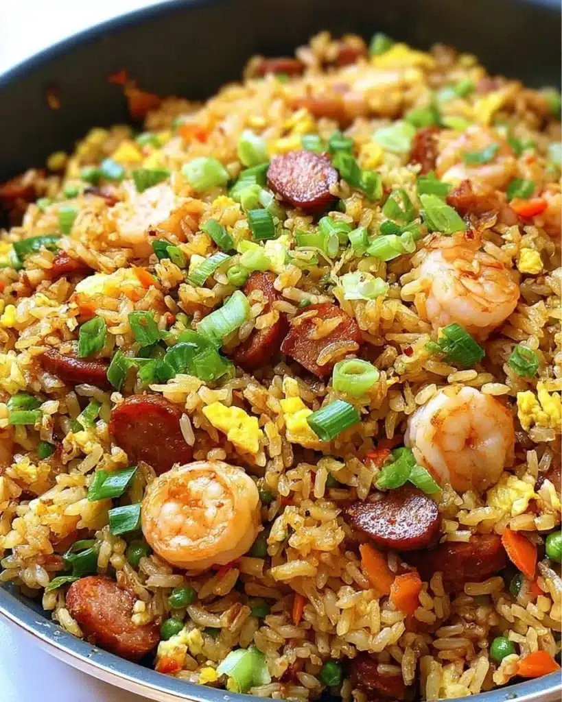 A bowl of vibrant gumbo fried rice with shrimp, sausage, and vegetables