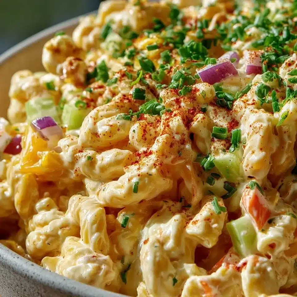 Guy Fieri-style macaroni salad ready to serve at a summer gathering