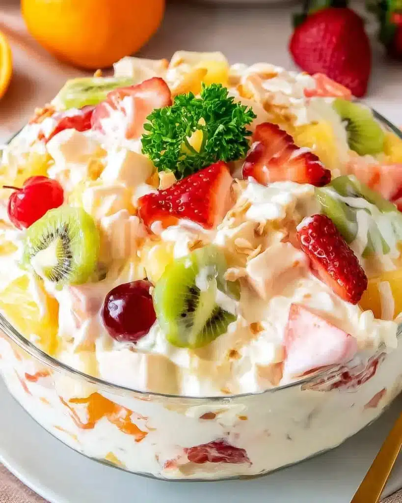Hawaiian cheesecake salad topped with fruity ingredients and creamy cheesecake dressing