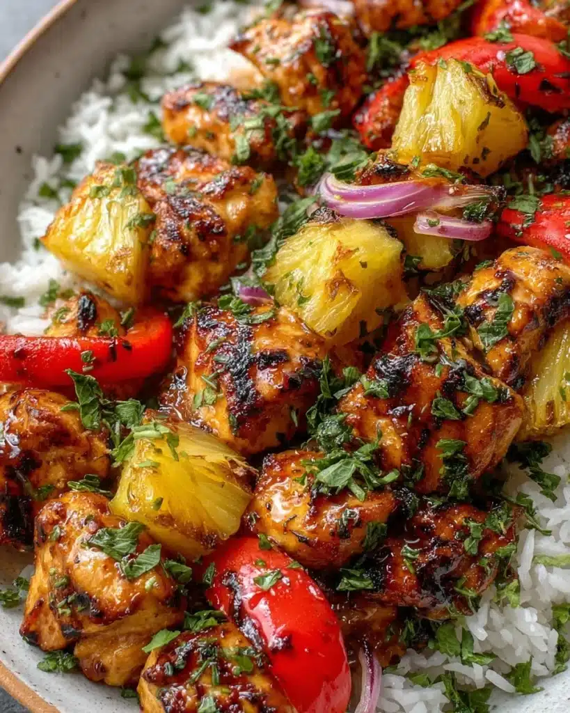 Hawaiian Chicken Sheet Pan dish with colorful vegetables and pineapple