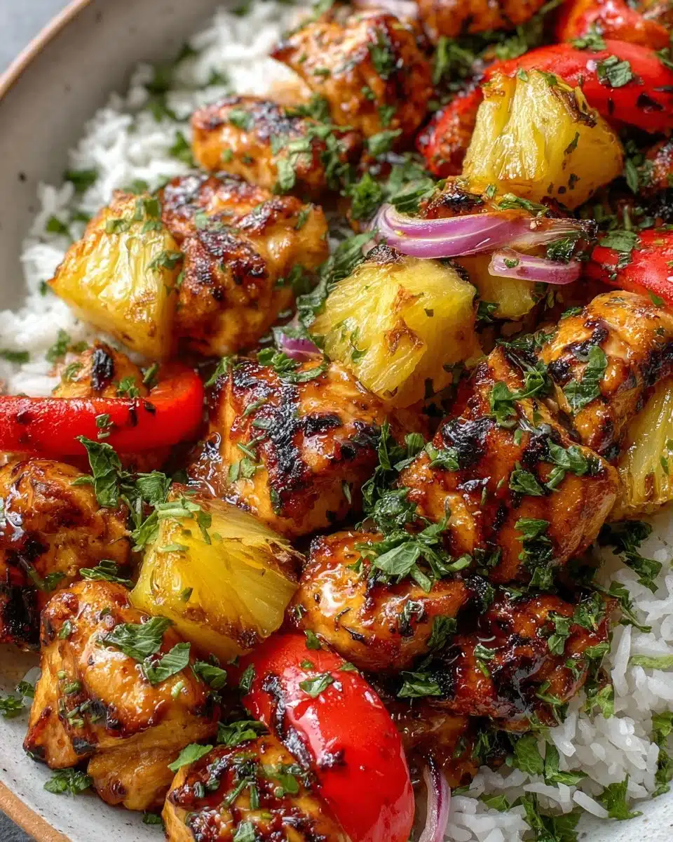 Hawaiian Chicken Sheet Pan dish with colorful vegetables and pineapple
