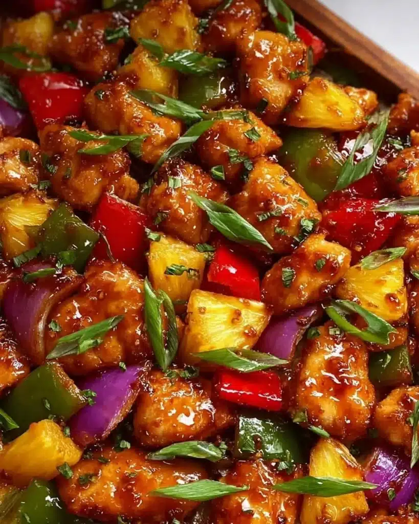 A vibrant Hawaiian Chicken Sheet Pan meal featuring colorful vegetables and pineapple.