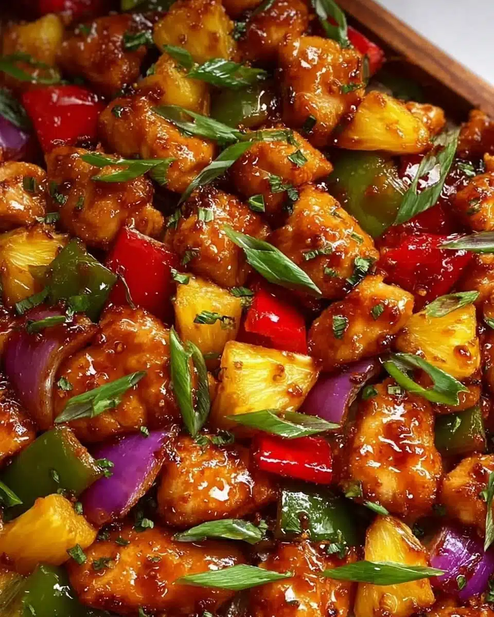 A vibrant Hawaiian Chicken Sheet Pan meal featuring colorful vegetables and pineapple.