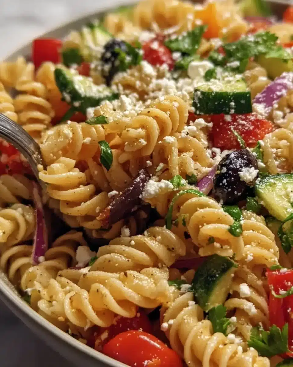 Colorful healthy pasta salad with fresh vegetables and dressing
