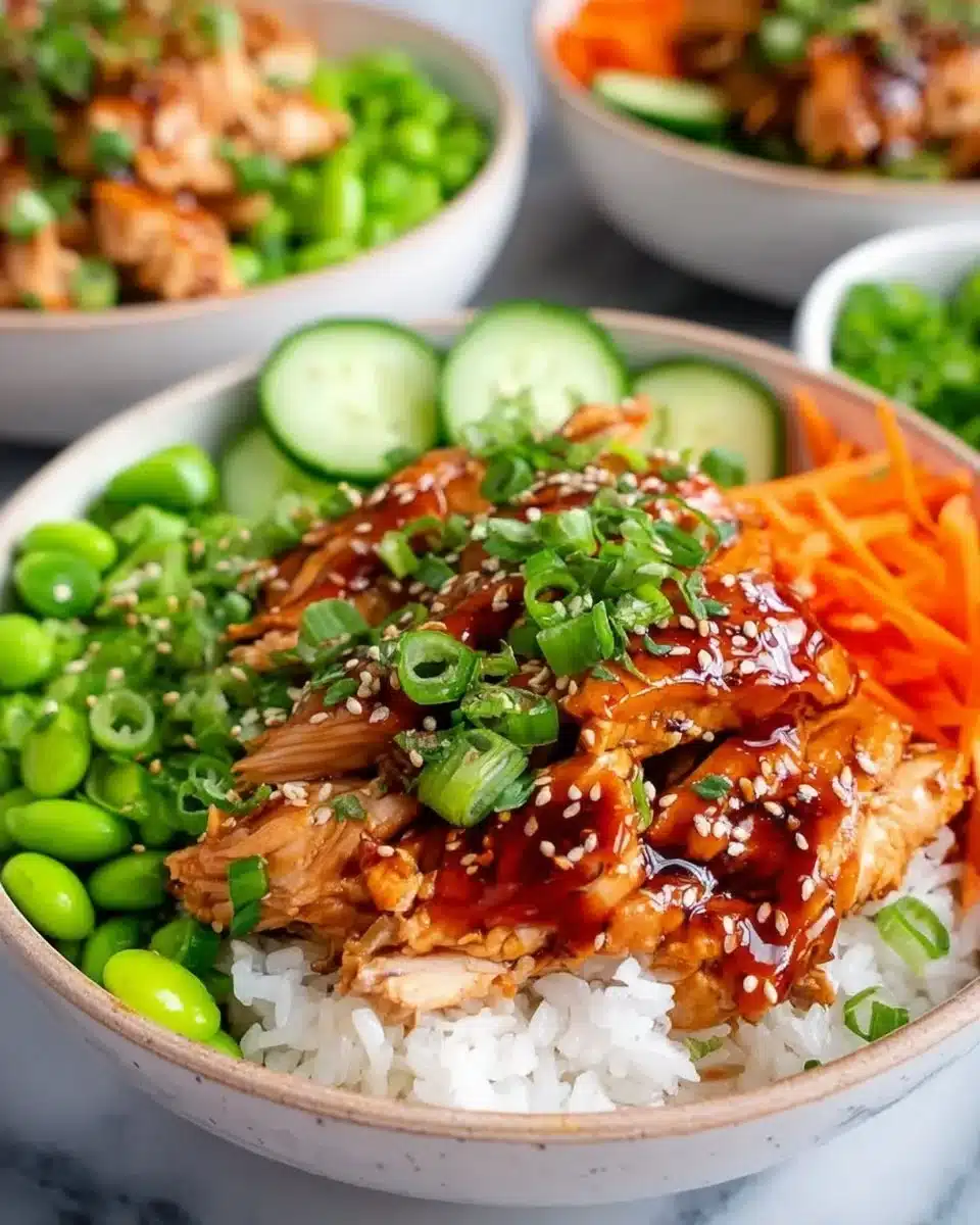Healthy sticky chicken bowls with vibrant vegetables and rice
