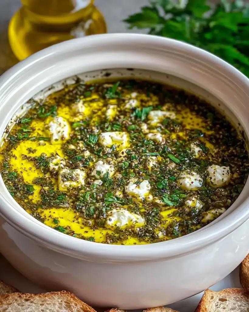 Herb and Feta Olive Oil Dip served with fresh bread and veggies