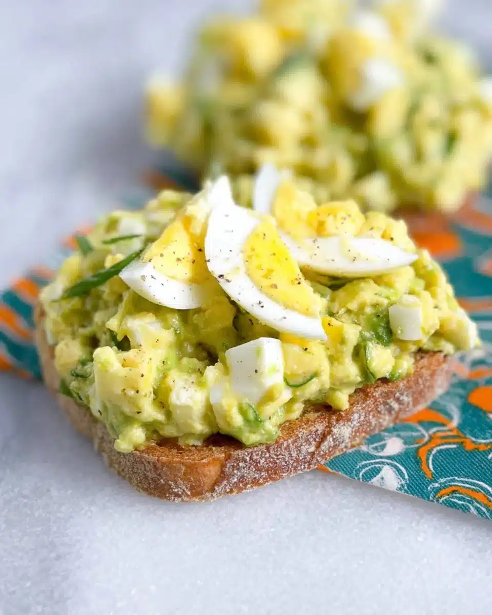 High protein avocado egg salad served in a bowl with fresh ingredients