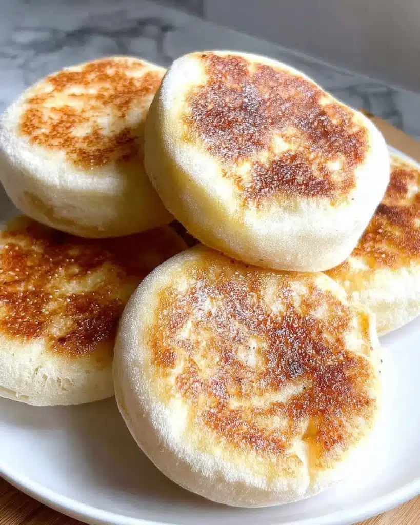 Freshly baked homemade English muffins on a wooden table