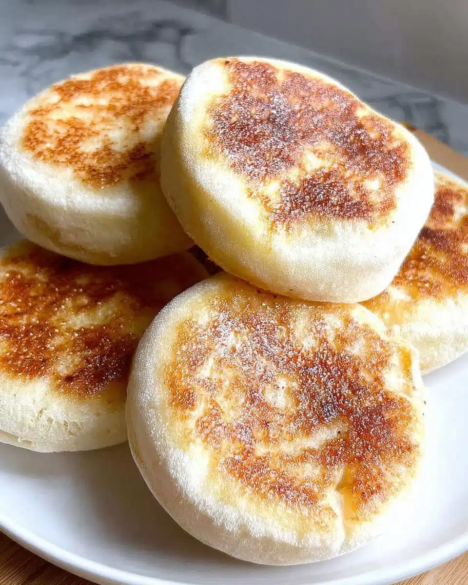 Freshly baked homemade English muffins on a wooden table