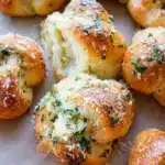 Freshly baked homemade garlic knots with herbs and garlic butter