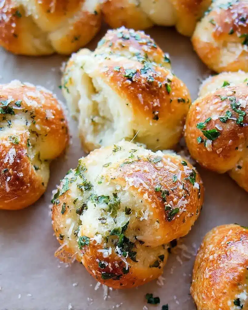 Freshly baked homemade garlic knots with herbs and garlic butter