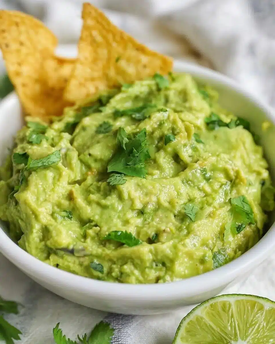 Fresh homemade guacamole served with tortilla chips