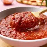 Homemade pizza sauce made with fresh tomatoes and herbs