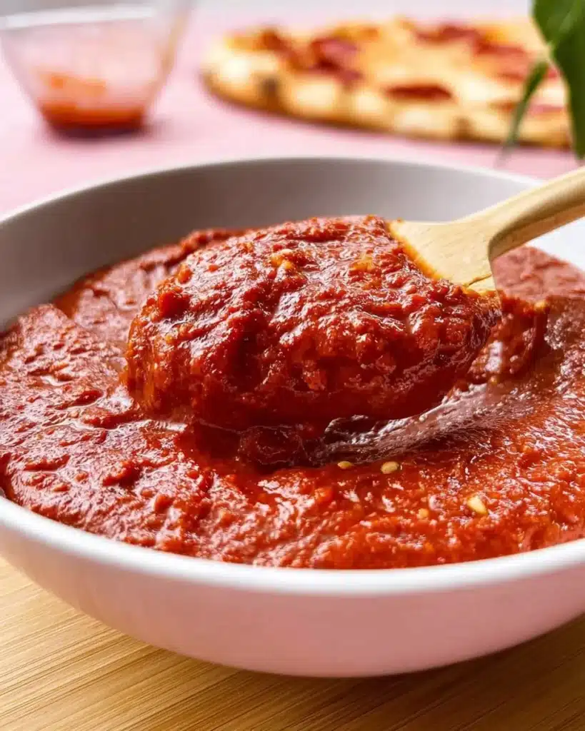 Homemade pizza sauce made with fresh tomatoes and herbs