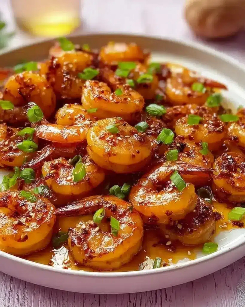 Plate of Honey Garlic Shrimp garnished with green onions