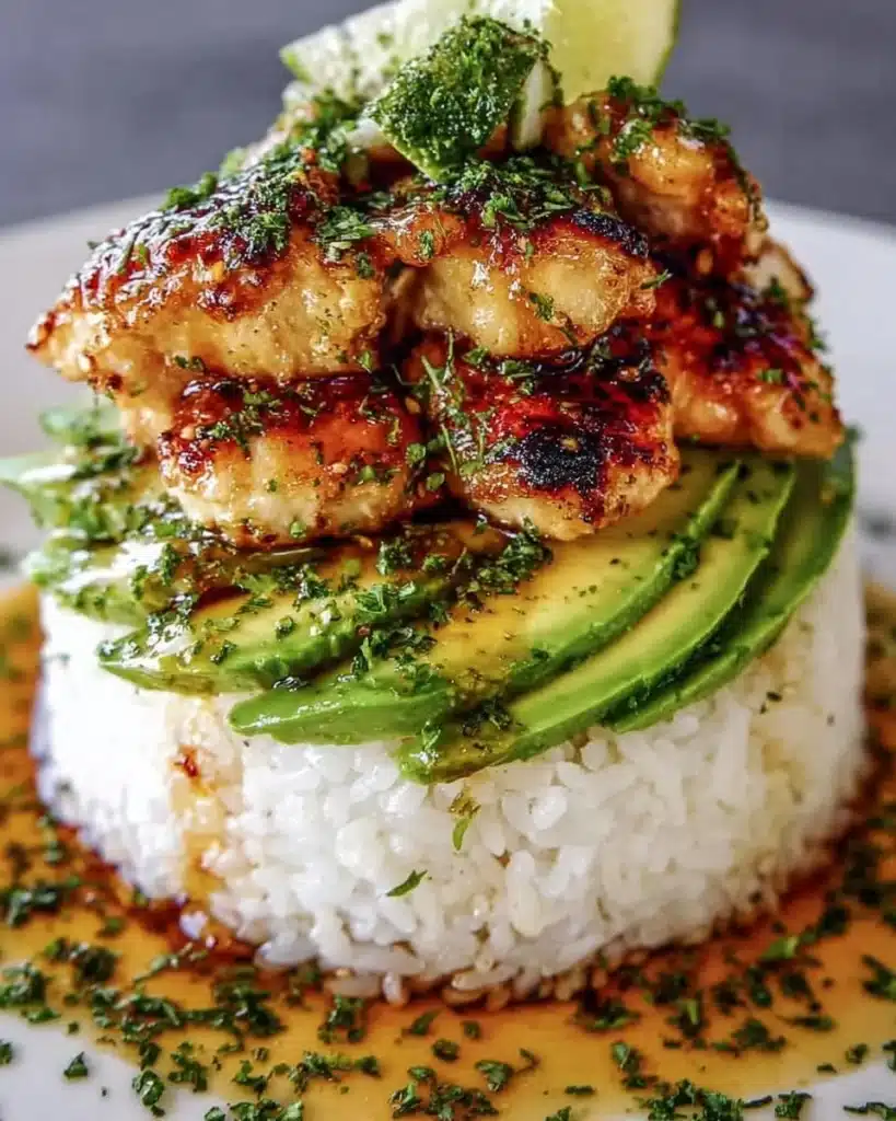 Honey Lime Chicken served with Avocado Rice Stack, vibrant and flavorful dish
