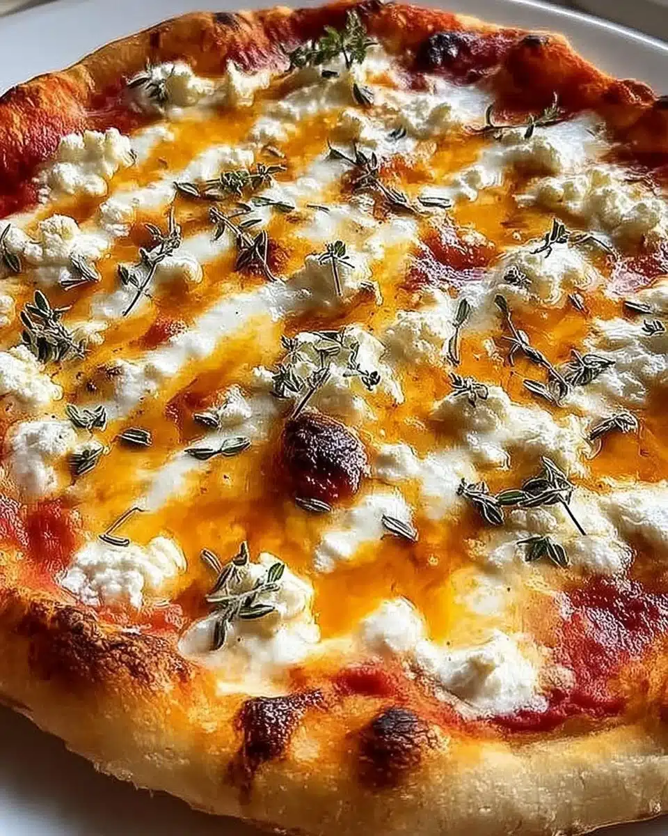 Delicious hot honey ricotta pizza topped with creamy cheese and drizzled with honey.