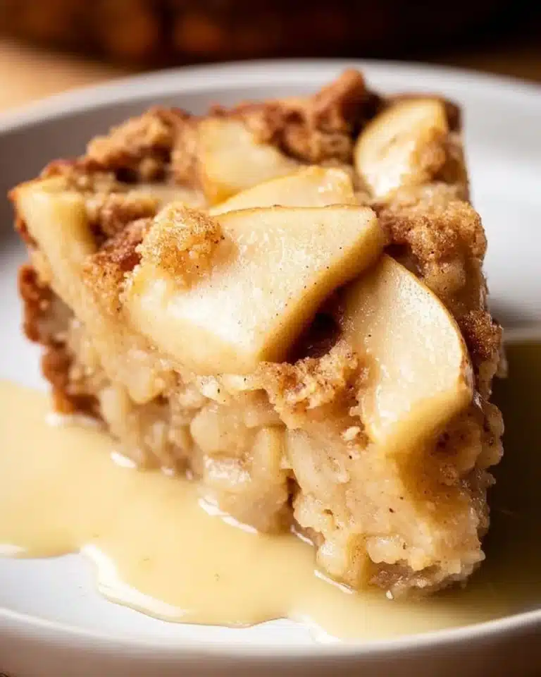 Delicious slice of Irish Apple Cake topped with whipped cream and fresh apples.