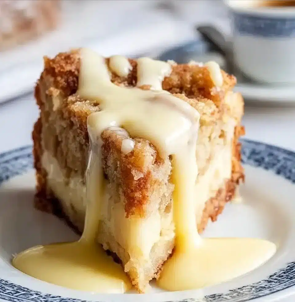 Delicious Irish Apple Cake served with rich custard sauce on a plate.