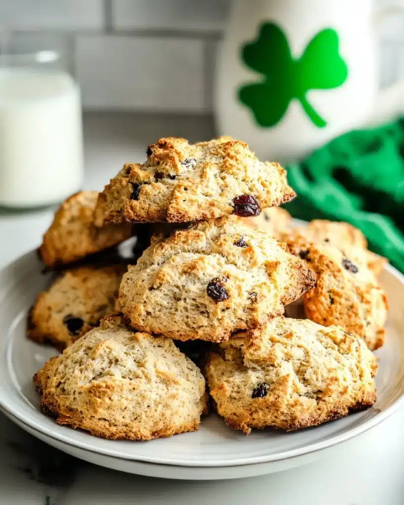 Freshly baked Irish Soda Bread Cookies with raisins on a wooden table