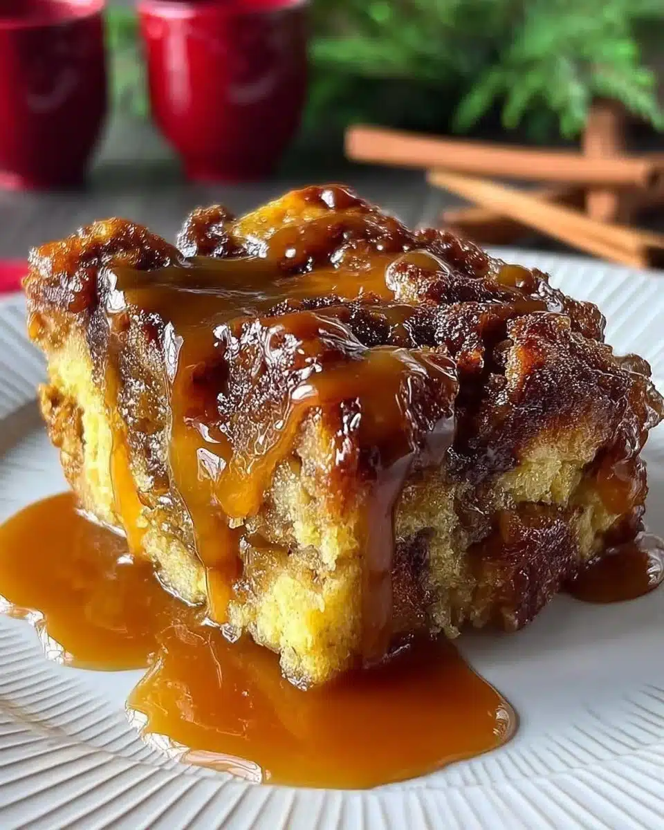 Delicious Irish Whiskey Bread Pudding topped with whiskey sauce