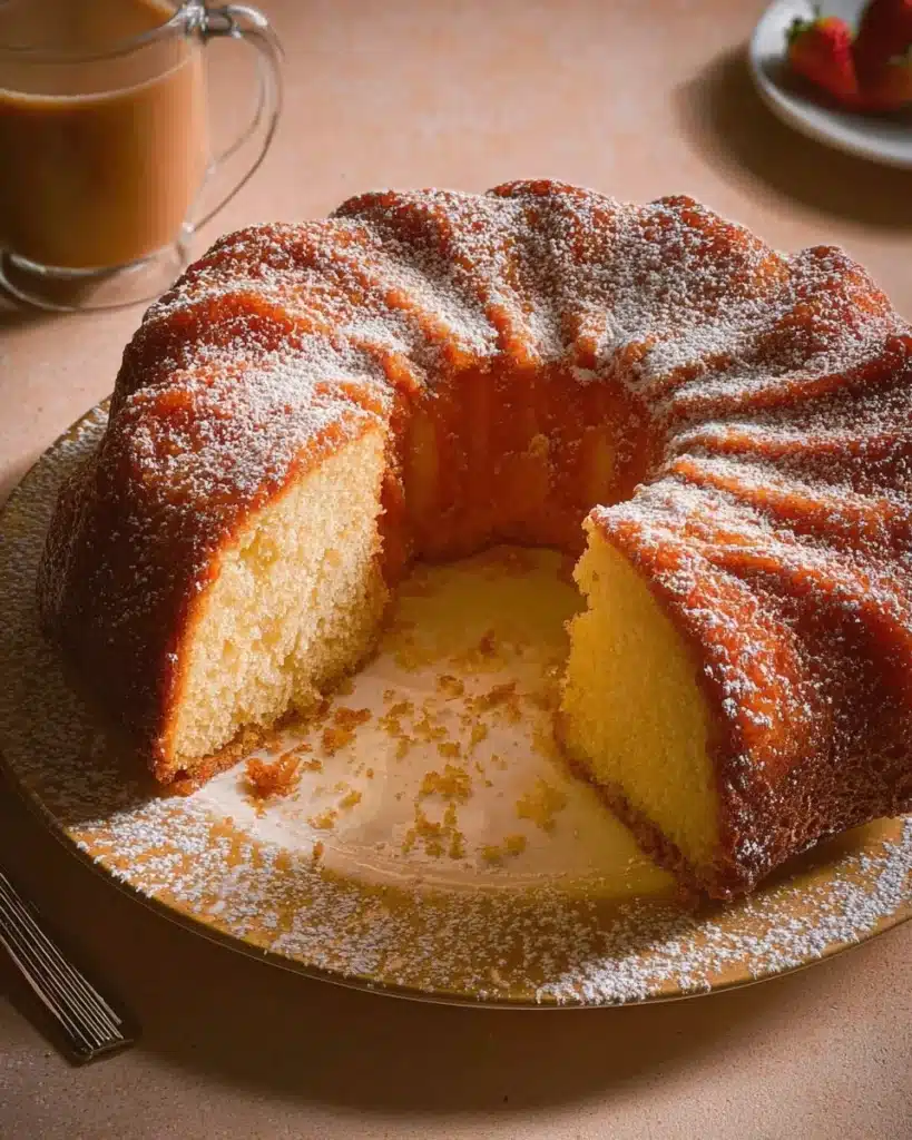 Delicious Italian breakfast cake served with fruit and coffee