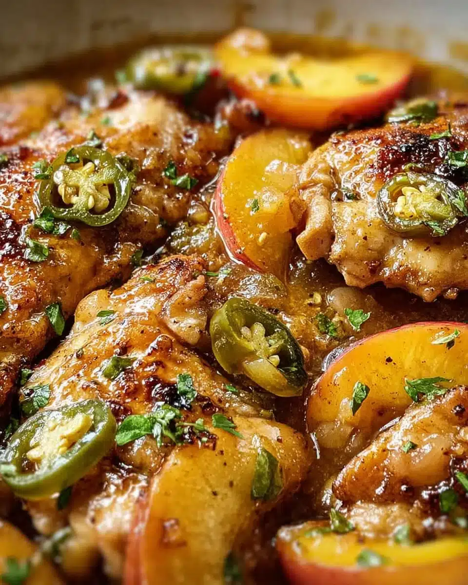 Jalapeño Peach Chicken dish featuring tender chicken, jalapeños, and peach sauce