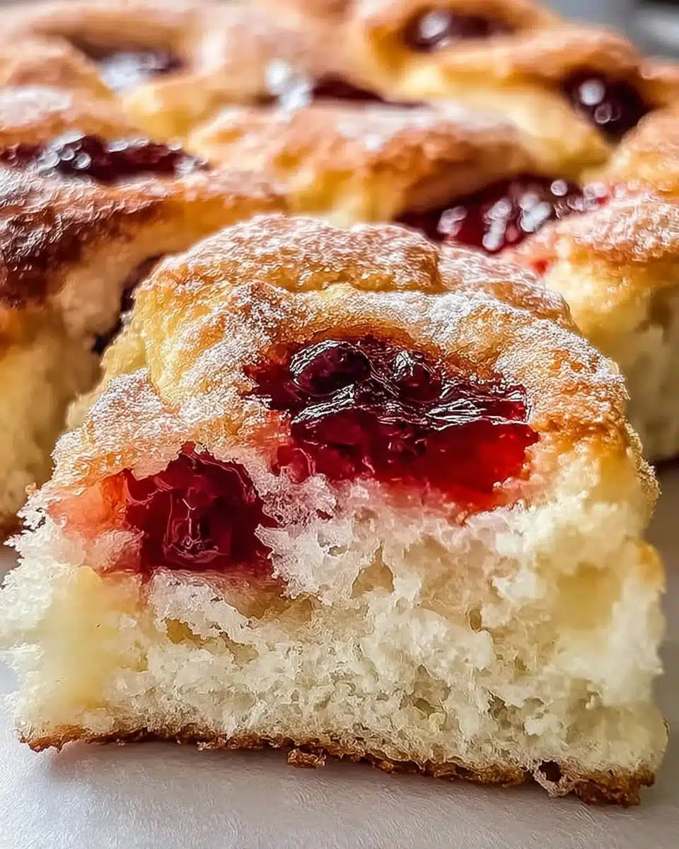 Freshly baked jam donut focaccia topped with sweet jam filling