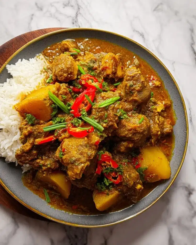 A plate of Jamaican Curry Chicken garnished with herbs and spices.