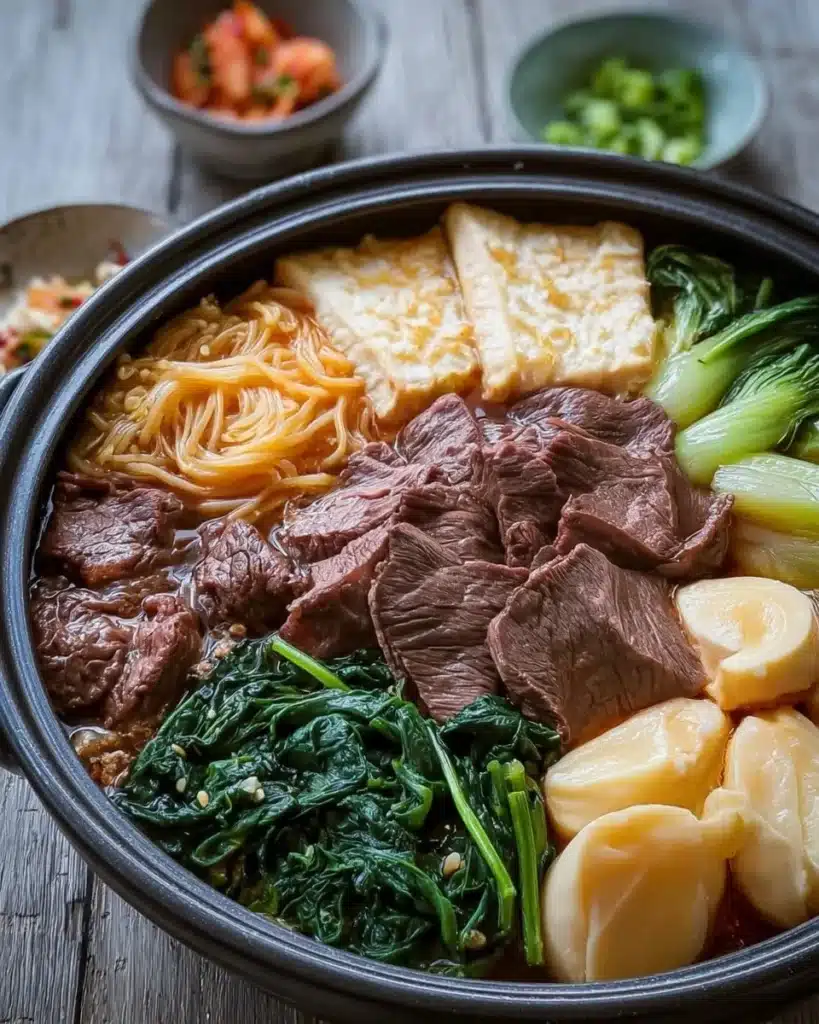 Delicious Japanese sukiyaki hot pot with beef and vegetables