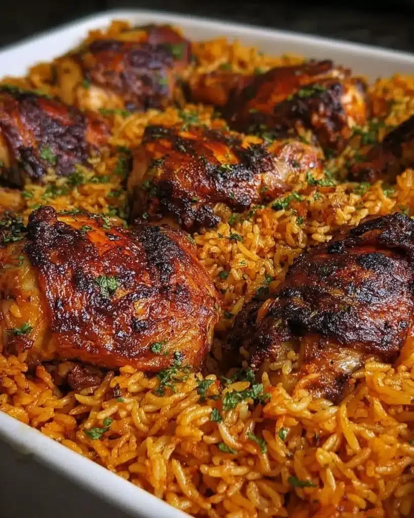 Plate of Jollof Rice served with roasted chicken, a vibrant West African dish