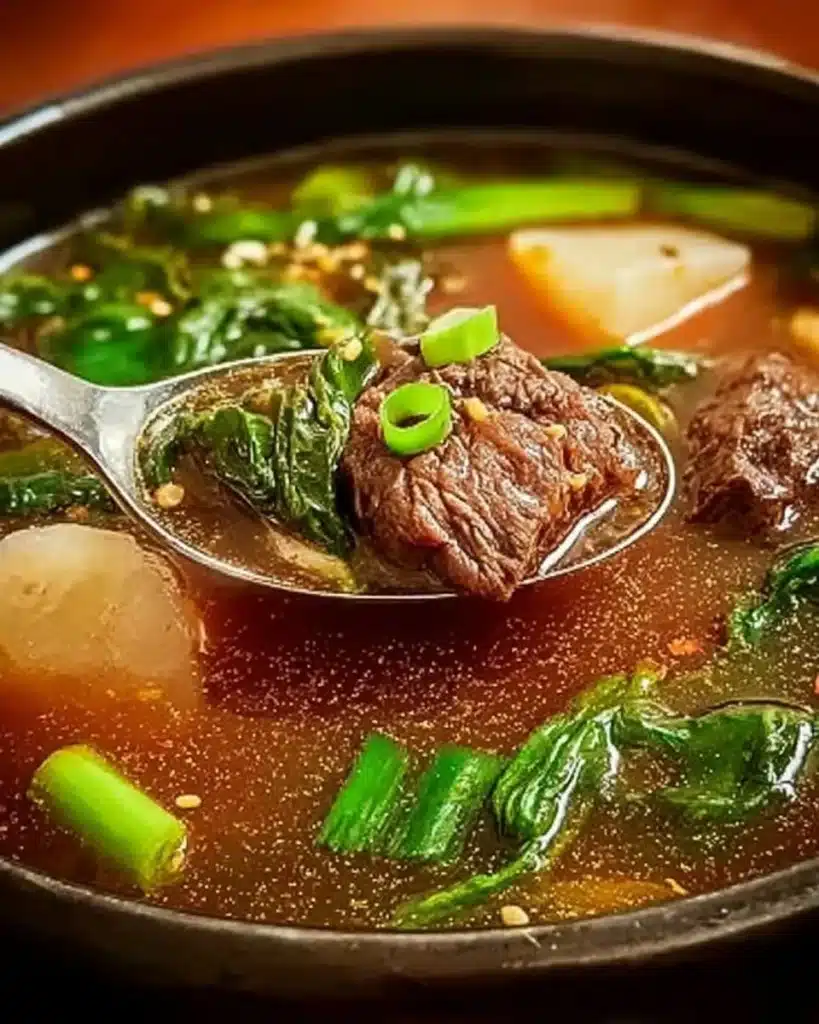 Delicious bowl of Korean beef soup with fresh vegetables and herbs