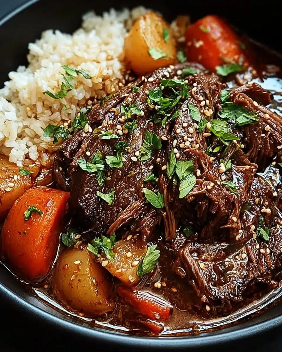 Delicious Korean Style Pot Roast served with vegetables and aromatic herbs.