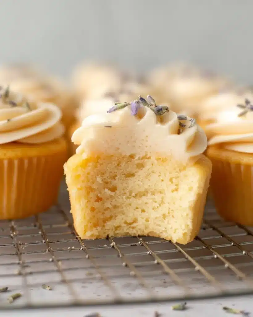 Delicious Lavender Cupcakes topped with lavender-infused frosting