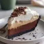 Slice of Layered Irish Coffee Pie with cream and coffee layers