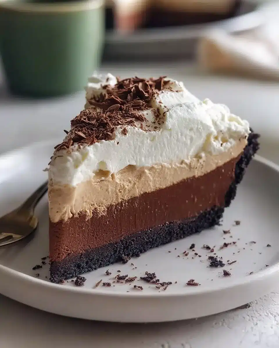 Slice of Layered Irish Coffee Pie with cream and coffee layers