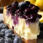 Delicious lemon blueberry cheesecake topped with fresh blueberries