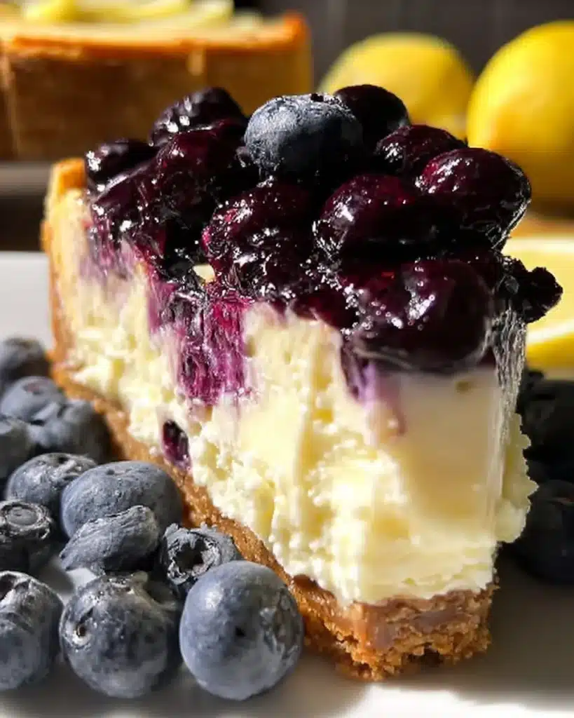 Delicious lemon blueberry cheesecake topped with fresh blueberries