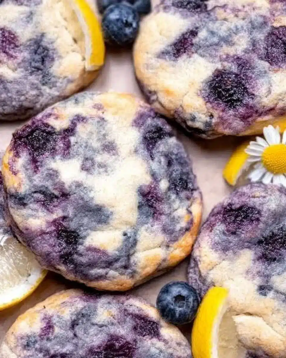 Freshly baked lemon blueberry cheesecake cookies on a plate