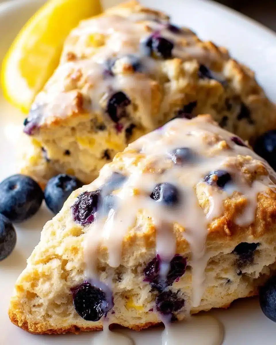 Freshly baked lemon blueberry scones on a plate