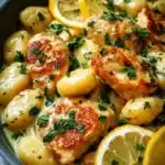 Bowl of Lemon Chicken Gnocchi with bright lemon slices and fresh herbs